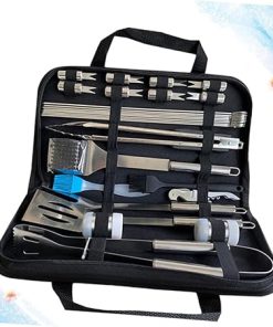 POPETPOP 28pc BBQ Tool Set Bag Stainless Steel Shovel Thermometer Brush Fork Clamp Grill Tools for Easy Outdoor BBQ 2