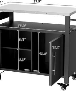 Two Doors Outdoor Grill Cart with Patio Furniture, Outdoor Grill Table with Storage,Rolling Bar Cart Outdoor BBQ Cart with Hooks and Spice Rack for Grilling Accessories, Black 2