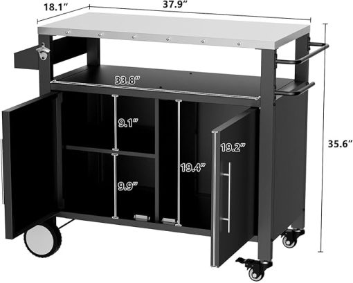 Two Doors Outdoor Grill Cart with Patio Furniture, Outdoor Grill Table with Storage,Rolling Bar Cart Outdoor BBQ Cart with Hooks and Spice Rack for Grilling Accessories, Black - Image 2