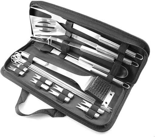 20 PCS BBQ Grill Set with 4-in-1 Spatula, Stainless-Steel Skewers, Steel Wire Cleaning Brush, Grilling Tongs, and Corn Holder, BBQ Accessories and Utensils Bundle