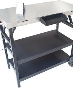 Thunderbay Foldable Grill Cart 3-Tier Utility Carts Movable Food Prep Pizza Oven Table Outdoor Stainless Steel Tool Storage Organizer