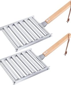 BBQ Hot Dog Roller Grill, Stainless Steel Sausage Roller with Wood Handle, Barbecue Tools, Grilling Accessories for Outdoor, 6.5 X 5.5 Inch, 2-Pack 2