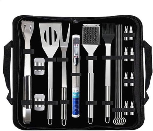 20pcs BBQ Tools Gift Set for Men Dad, Stainless Steel Grill Set with Thermometer, Grilling Accessories Kit in Portable Carrying Bag for Camping