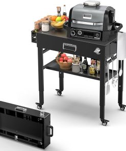 28" and 34" Upgrade Height & Quick-Fold Portable Grill Cart for Ninja Woodfire (OG700 Series), Blackstone 17"/22" Griddle, Pizza Oven – Outdoor Ninja Grill Stand with 4 Swivel Wheels