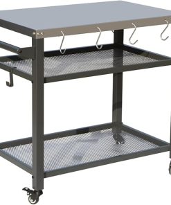 Enhance Outdoor Cooking with 3-Shelf Grill Table, Stainless Steel Top, Tool Hooks & Wheels, BBQs, Grey
