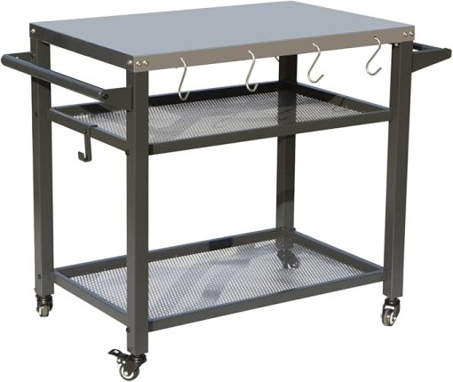 Enhance Outdoor Cooking with 3-Shelf Grill Table, Stainless Steel Top, Tool Hooks & Wheels, BBQs, Grey