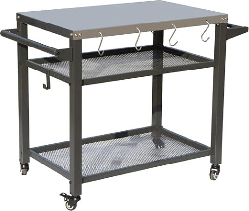3-Shelf Outdoor Grill Table with Stainless Steel Top, Wheels and Tool Hooks, Versatile BBQ and Pizza Oven Cart, Grey
