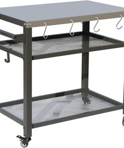 3-Shelf Outdoor Grill Table with Stainless Steel Top, Grill Cart with Wheels and Tool Hooks, Grey