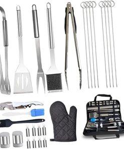 HANABASS 28pc Stainless Steel BBQ Tool Set Storage Bag Barbecue Accessories Food Clamp Fork Brush