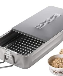 Camerons Gourmet Mini Stovetop Smoker - Stainless Steel BBQ Smoker Box w/Wood Chips & Recipes - Indoor & Outdoor Use on Any Heat for Smoking Meats, Veggies & Seafood - Grilling Gift for Father's Day