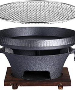 BBQ Stove Cast Iron with Wooden Base Fuel Holder, Aluminium Alloy Charcoal Grill Barbecue Accessories Household Barbecue Tools,28×28×15cm