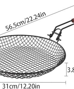 Non Stick Steel Carbonl Grill Basket Heat-Resistant Perforated Barbecue Pan with Folding Wooden Handle Round Grilled Fish Tray Kitchen Tool 2