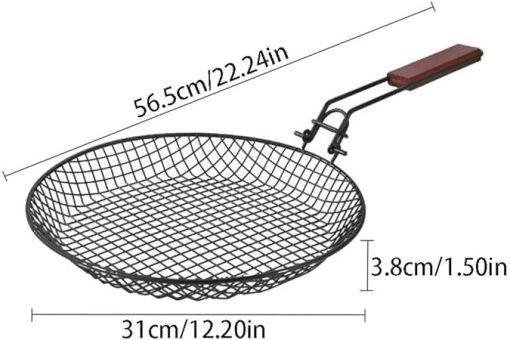 Non Stick Steel Carbonl Grill Basket Heat-Resistant Perforated Barbecue Pan with Folding Wooden Handle Round Grilled Fish Tray Kitchen Tool - Image 2