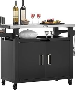 NUUK Outdoor Grill Cart with Storage Cabinet Metal Kitchen Island Prep Table with Movable Universal Wheels and Stainless Steel Top for Outside BBQ Backyard Include Hooks Spice Rack