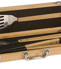3-Piece BBQ/Grilling Set, Includes Spatula, Fork, & Tongs, Tools Come Inside a Beautifully Engravable Bamboo Case with Stainless Steel Clips & Handle, Customize Your Own Now!