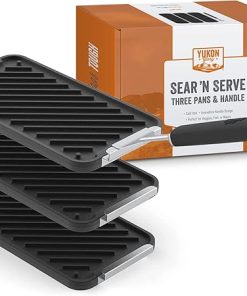 Yukon Glory SEAR 'N SERVE Cast Iron Grill Pan Set - Includes 3 Cast Iron Grilling Baskets & Clip-On Handle - Ideal for Stove Tops or Outdoor Grills