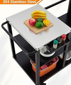 Grill Table for Egg Style Kamado Griller, Heavy Duty Outdoor Grill Station Prep Table, Spacious 20×24 Inch Prep Surfaces, Storage Compartments and Tool Hooks 2