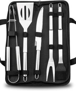 BBQ Grill Tools Set,5 Pcs Includes Stainless Steel Roasting Fork Roasting Shovel Roasting Clip Oil Brush, Grilling Accessories Kit for Home BBQ, Camping, Kitchen