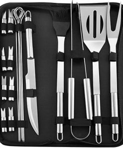 Stainless-Steel Grilling Utensil Tools Set, Premium Grill Accessories Gift for Professional Barbecue- Spatula, Fork, Tongs, Knife, Cleaning Brush (Silver 18pcs)