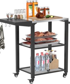 Outsunny Three-Shelf Outdoor Grill Cart Table with Foldable Side Table, Stainless Steel Tabletop, 22" x 16.1" Pizza Oven Stand with Hooks, Side Handle, Movable Food Prep Table on Wheels, Silver