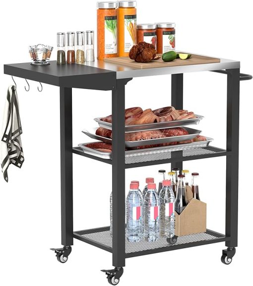 Outsunny Three-Shelf Outdoor Grill Cart Table with Foldable Side Table, Stainless Steel Tabletop, 22" x 16.1" Pizza Oven Stand with Hooks, Side Handle, Movable Food Prep Table on Wheels, Silver