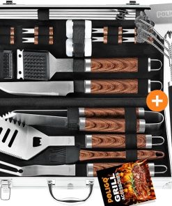 POLIGO Safe Grill Brush and Scraper Bristle Free for All Grill Bundle with 22PCS BBQ Grill Accessories in Aluminum Case - Stainless Steel Grill Utensils Set Ideal Christmas BBQ Gifts for Dad Men