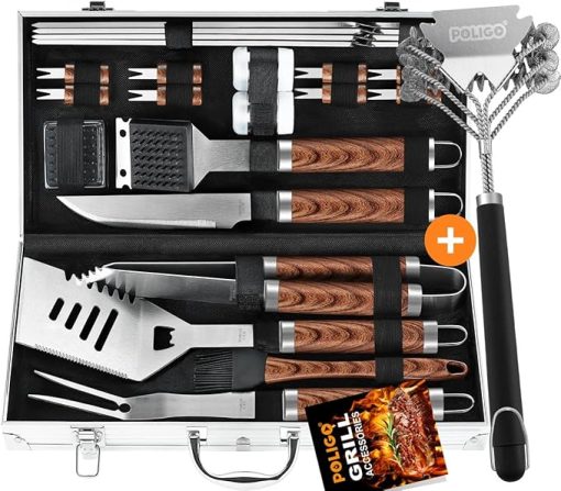 POLIGO Safe Grill Brush and Scraper Bristle Free for All Grill Bundle with 22PCS BBQ Grill Accessories in Aluminum Case - Stainless Steel Grill Utensils Set Ideal Christmas BBQ Gifts for Dad Men