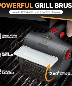 Auto Dynasty Cordless Electric Grill Brush, 8V Power Rechargeable Grill Cleaning Scrub Brush with Rotating Cleaner Brush Head and Type-C Charging Cable for BBQ Accessories Grill Bot, Red/Black 2