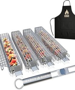 ORIGINAL XL Kabob Grilling Basket Set of 4 with Detachable Handle. UPGRADED DESIGN - New & Improved Stainless Steel Construction with Larger Capacity (12 x 2 x 2) for Outdoor Grilling by Kabob King (With Apron/Storage)