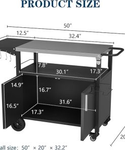 JY QAQA Outdoor Grill Cart with Storage,Patio Kitchen Island Outdoor Grill Table with Wheels,BBQ Cart Movable Pizza Oven Table Stand, Storage Cabinet, Foldable Tabletop, Black 2