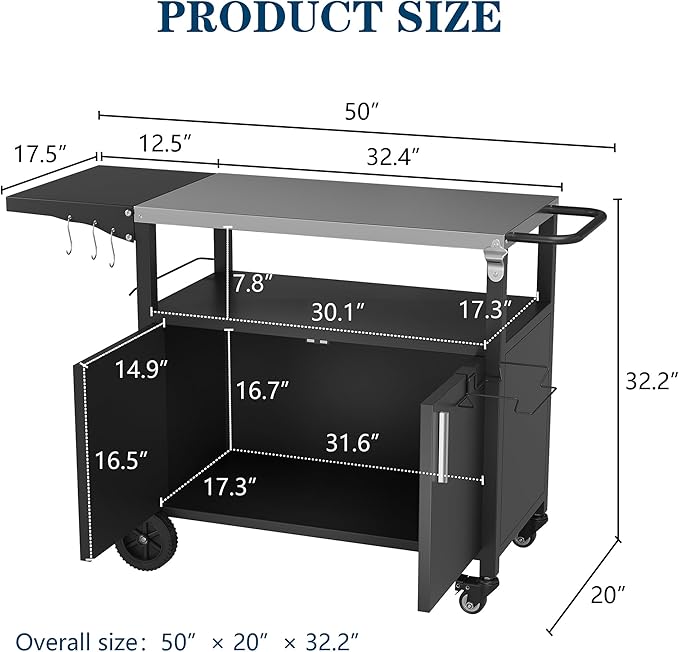 JY QAQA Outdoor Grill Cart with Storage,Patio Kitchen Island Outdoor Grill Table with Wheels,BBQ Cart Movable Pizza Oven Table Stand, Storage Cabinet, Foldable Tabletop, Black 2 JY QAQA Outdoor Grill Cart with Storage,Patio Kitchen Island Outdoor Grill Table with Wheels,BBQ Cart Movable Pizza Oven Table Stand, Storage Cabinet, Foldable Tabletop, Black - Image 2