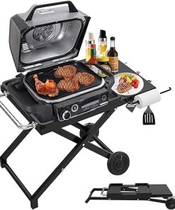 Collapsible Grill Stand for Ninja Woodfire Outdoor Grill OG700/800/900 Series & OO101 Outdoor Pizza Oven Stand, Foldable Grill Cart for Blackstone 17/22 Griddle Stand, with Wheels & Side Table