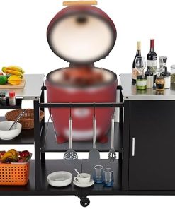 Grill Table for Big Green Egg Style BBQ, Heavy Duty Metal Outdoor Grill Station Prep Table With Storage,Garbage Bag Holder, Hooks, Paper Towel Rack, Wheels, Compatible With Egg Kamado Griller