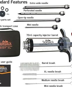 SPITJACK SHOT Meat Injector Syringe for Smoking. Turkey Marinade and Brisket Flavor Injection Kit. BBQ Accessories and Cooking Gift for Men. Stainless Steel 4 Needles, Case, 70ml Capacity. 2