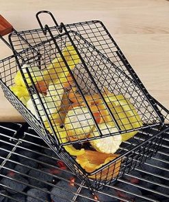 Grill Basket with Folding Wood Handle Non Stick BBQ Cooking Tray for Camping Outdoor Picnic Grill Vegetables Fish Meat Easy Dishwasher 2