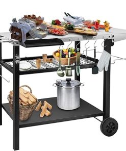 EDOSTORY Pizza Oven Table Grill Cart, Outdoor Grill Table Food Prep Table BBQ Grill Bar Cart Kitchen Island Movable Work Table for Outside