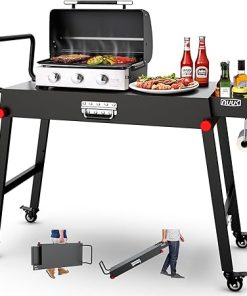 NUUK 31"x17" Outdoor Foldable BBQ Grill Table Cart Portable Folding Prep Worktable for Outside Cooking, Pizza Oven, Heavy-Duty 300LBS Capacity with Universal Wheels, Hander