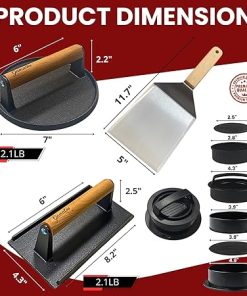 Smashed Burger Press BBQ Kit: 7″ Round & 8.2×4.3 Rectangle Cast Iron Bacon Press, 3 in 1 Patty Maker, Spatula 6×5”, Burger Press Griddle Set for Blackstone, Traeger, Grills, Fry Pan 2