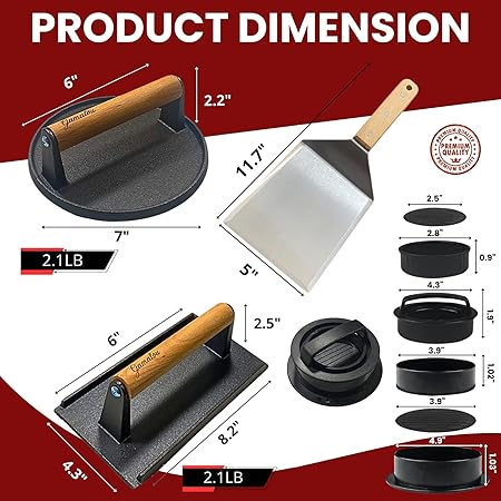 Smashed Burger Press BBQ Kit: 7″ Round & 8.2×4.3 Rectangle Cast Iron Bacon Press, 3 in 1 Patty Maker, Spatula 6×5”, Burger Press Griddle Set for Blackstone, Traeger, Grills, Fry Pan 2 Smashed Burger Press BBQ Kit: 7" Round & 8.2x4.3 Rectangle Cast Iron Bacon Press, 3 in 1 Patty Maker, Spatula 6x5”, Burger Press Griddle Set for Blackstone, Traeger, Grills, Fry Pan - Image 2