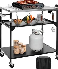 Outdoor Pizza Oven Table, Outdoor Grill Table with Waterproof Cover, Movable Dining Cart Tables with Wheels, Kitchen Cooking Prep Tables BBQ Cart for Home Party, Bar,Camping