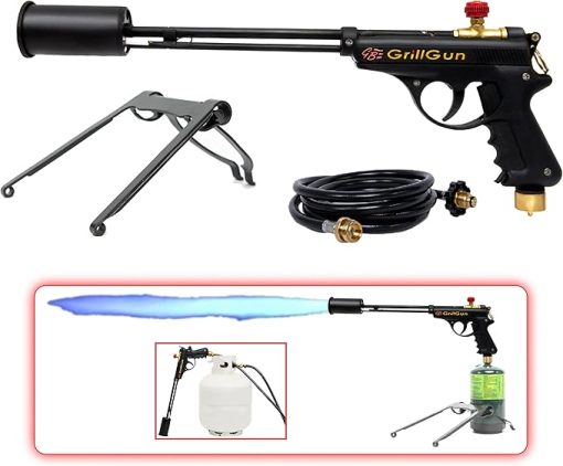 GRILLBLAZER GrillGun Handheld Blowtorch, Stand, and Hose Set - Grill and Culinary Torch - Charcoal Starter - Professional Cooking, Grilling and BBQ Tools
