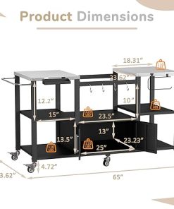 65”L x 23.6”D x 33.1”H Outdoor Grill Cart for Large Big Green Egg, Movable Grill Table with Steel Tabletop, Food Prep Station with Storage, Pizza Oven Stand with Wheels for Patio, Kitchen 2