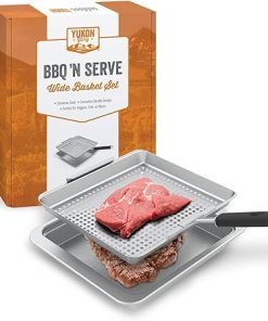 Yukon Glory™ BBQ 'N SERVE Wide Basket Set - BBQ Grill Basket - The Grilling Basket Includes a Serving Tray & Clip-On Handle - Perfect Grill Baskets for Outdoor Grill Vegetables or Fish Basket & Meat