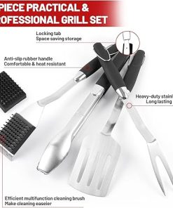 MAGIC FLAME 5PC Grill Set, Stainless Steel BBQ Tools Ideal Gift Set for Men, 18″ Rubber Handle Grilling Tools with Spatula, Fork, Tongs, and Cleaning Brushes, BBQ Grill Kit for Outdoor Grill Cooking 2