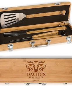 The Flame - Personalized BBQ Tool Set - 3 Utensils + Bamboo Box - BBQ Grilling Accessories - Grill Gifts for Him, Men, Dad, Husband - Smoker Accessories - Grill Utensils Set - Unique Men Birthday Gift