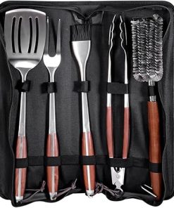 6-Piece BBQ Professional Tool Set – Stainless Steel Grilling Utensils with Wooden Handles, Grill Cleaning Brush,Spatula, Fork,Tongs, Basting Brush, and Portable Carrying Case 2