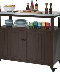 GDLF Outdoor Storage Cabinet Solid Wood Prep Grill Table with Stainless Steel Top Waterproof Cover Dark Brown
