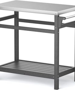 KORVOS Portable Outdoor Grill Cart with HDPE Legs,Stainless Steel Top&Double-Shelf Storage for BBQ Prep Table，A Long-Lasting Dining Cart Suitable for Outdoor&Indoor Use, Grey