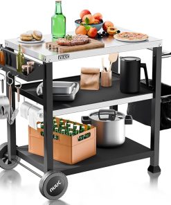 3-Shelf Grill Cart 20" x 32" Rolling Outdoor Dining Table Movable Pizza Oven Table with Stainless Steel Top for Kitchen Food Prep Worktable on Wheels