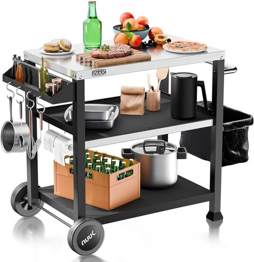 3-Shelf Grill Cart 20" x 32" Rolling Outdoor Dining Table Movable Pizza Oven Table with Stainless Steel Top for Kitchen Food Prep Worktable on Wheels